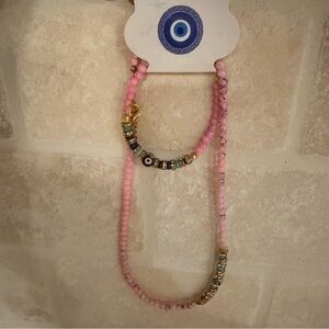Authentic Greek Pink Beaded Necklace and wristband set with Gold Accents